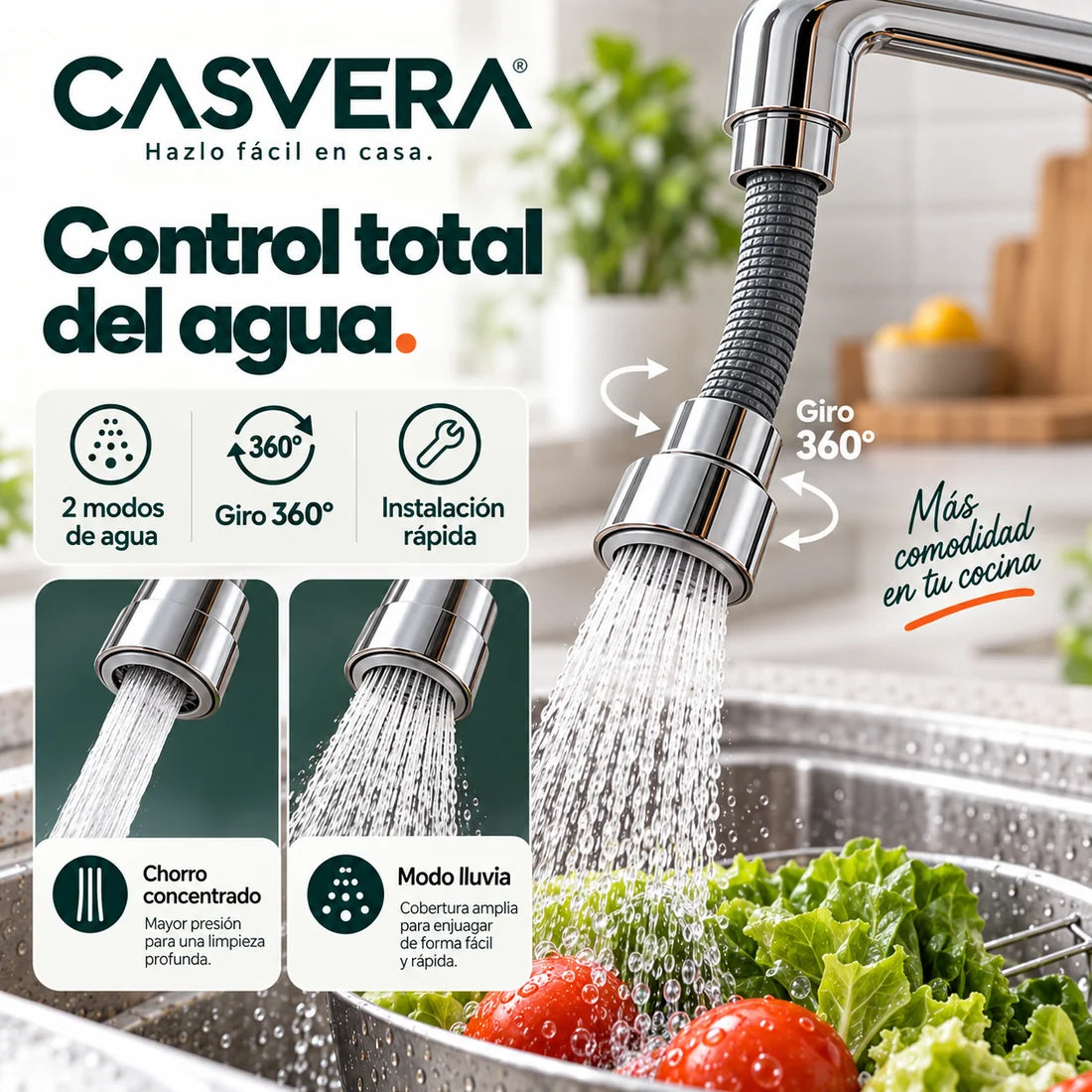 Control total del agua, dos modos y giro 360 Casvera